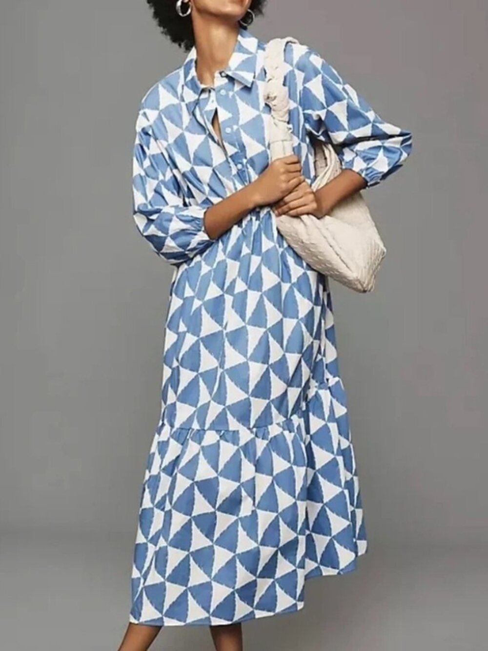 Rachel Zoe Geometric Print Tiered Midi Shirt Dress Blue White L #A3768 - Picture 2 of 8